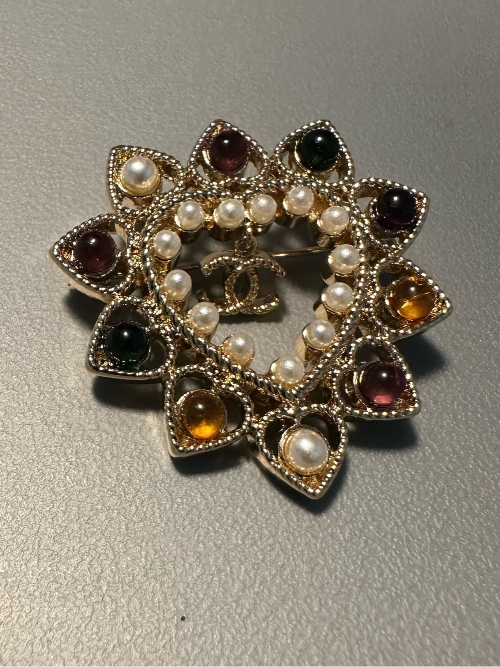 CHANEL CC Logo Color Stone Brooch Champagne Gold Plated
